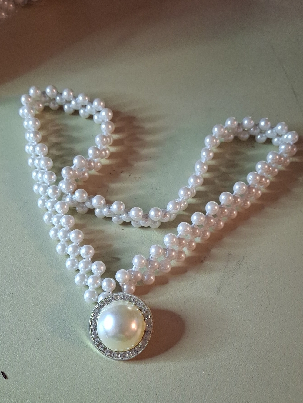 Elegant White Faux Pearl Triple Strand 26" Belt with Crystal Pendant New